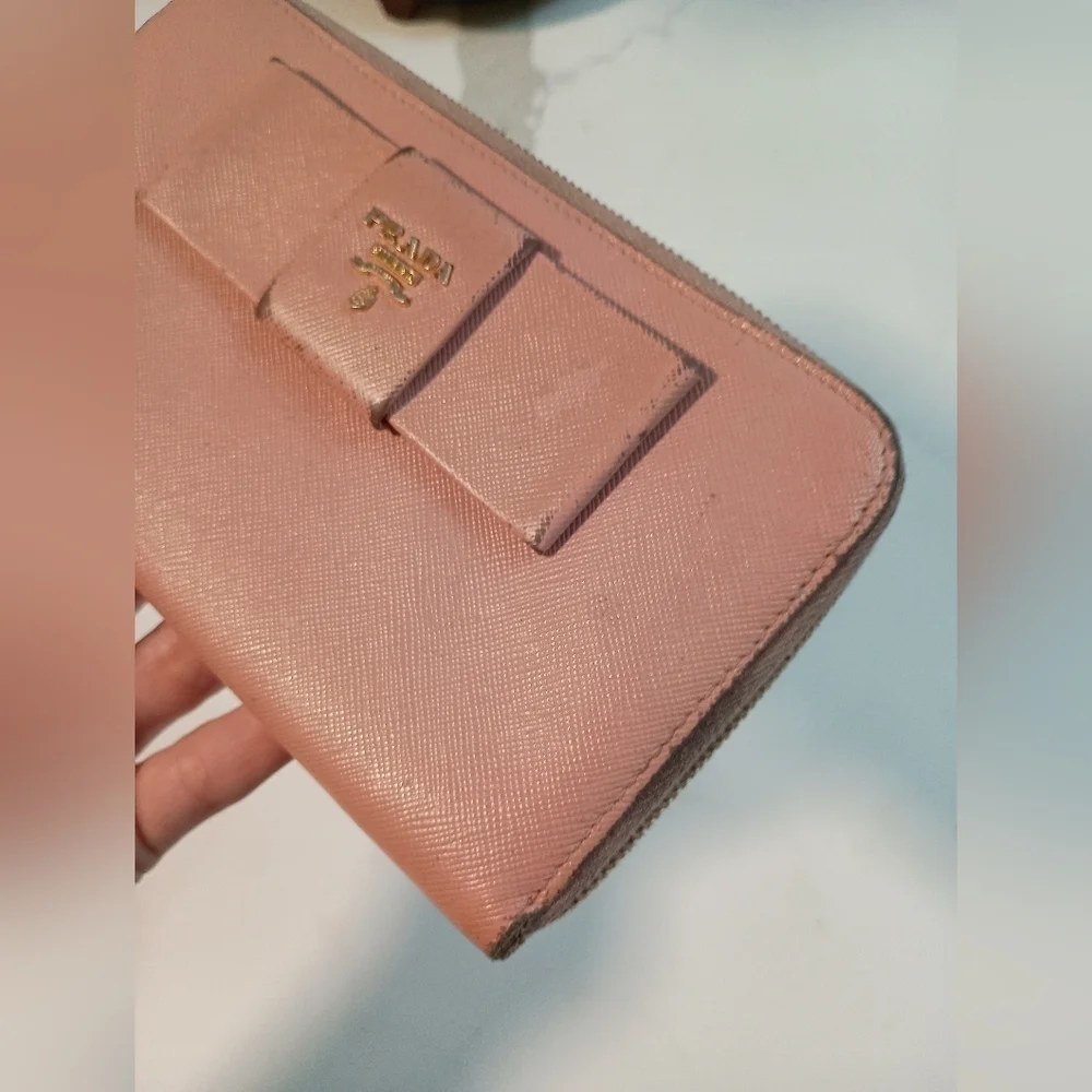 Prada Wallet Light Pink Lampo Saffiano Leather Ribbon Bow Zip Around
